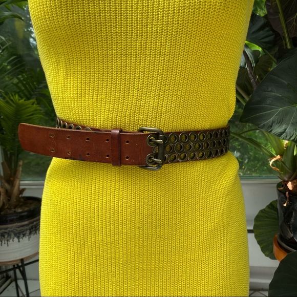 J. Crew Leather Belt Brass Eyelets Double Prong Buckle